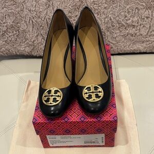 Tory Burch Chelsea Black Leather 65MM Wedge Pumps with Gold Logo